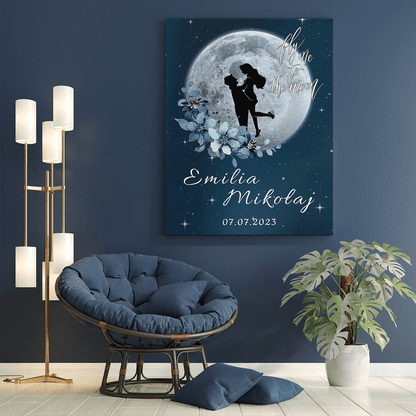 Zakochani na tle księżyca - druk na płótnie, spersonalizowany prezent dla pary - Adamell.pl