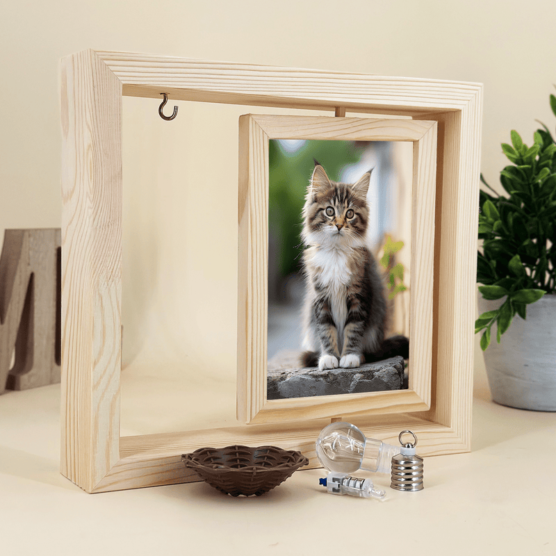 Zdjęcie kotka - Druk na szkle w drewnianej ramce + led, spersonalizowany prezent - Adamell.pl