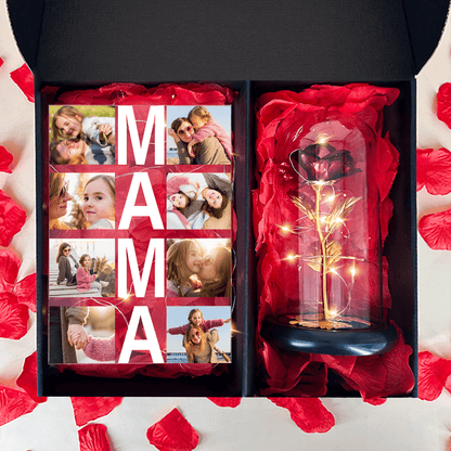 Złota wieczna róża + druk na szkle MAMA box 2 w 1 - zestaw prezentowy box, spersonalizowany prezent dla mamy - Adamell.pl