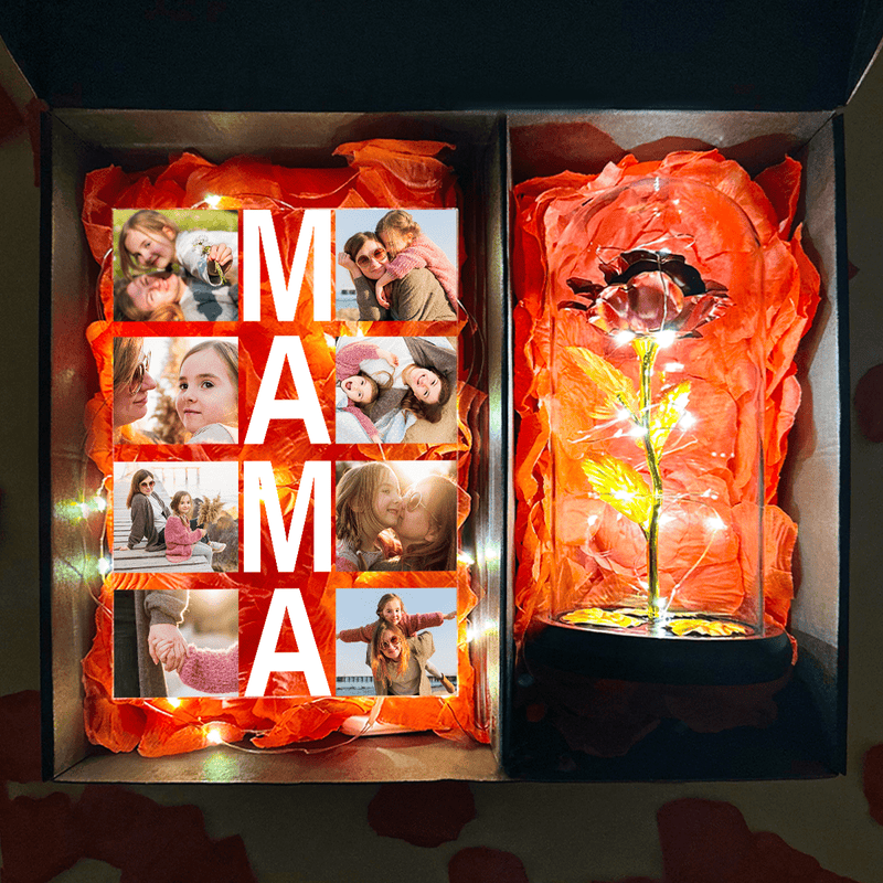 Złota wieczna róża + druk na szkle MAMA box 2 w 1 - zestaw prezentowy box, spersonalizowany prezent dla mamy - Adamell.pl