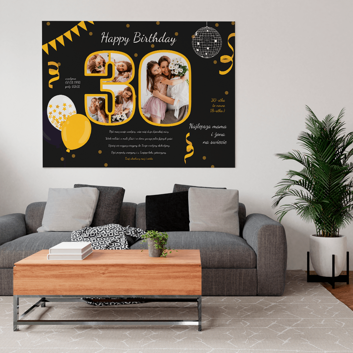 Życzenia na 30 urodziny - druk na płótnie, spersonalizowany prezent - Adamell.pl