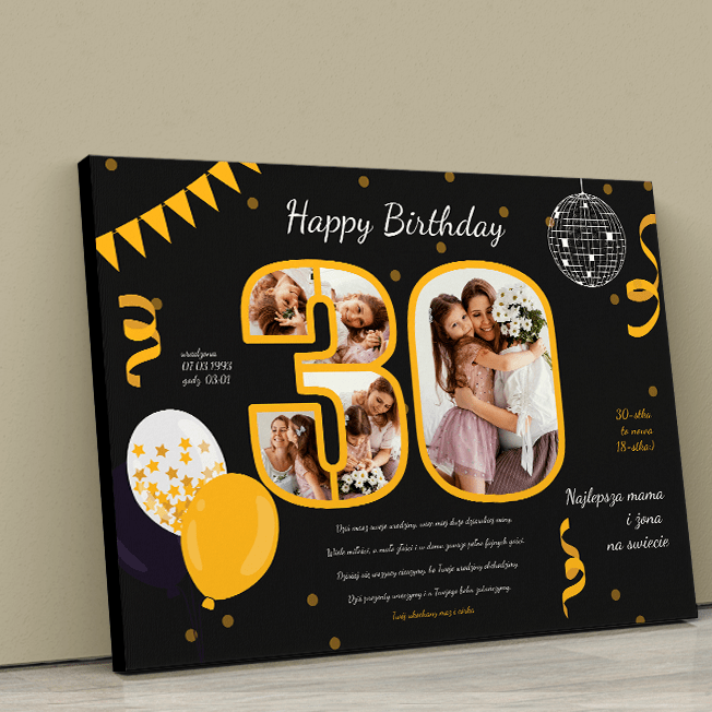 Życzenia na 30 urodziny - druk na płótnie, spersonalizowany prezent - Adamell.pl