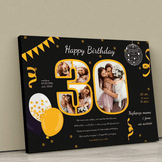 Życzenia na 30 urodziny - druk na płótnie, spersonalizowany prezent - Adamell.pl