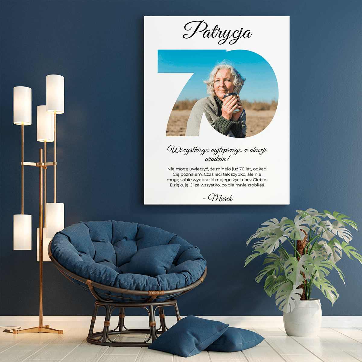Życzenia na 70. urodziny - druk na płótnie, spersonalizowany prezent dla niej - Adamell.pl